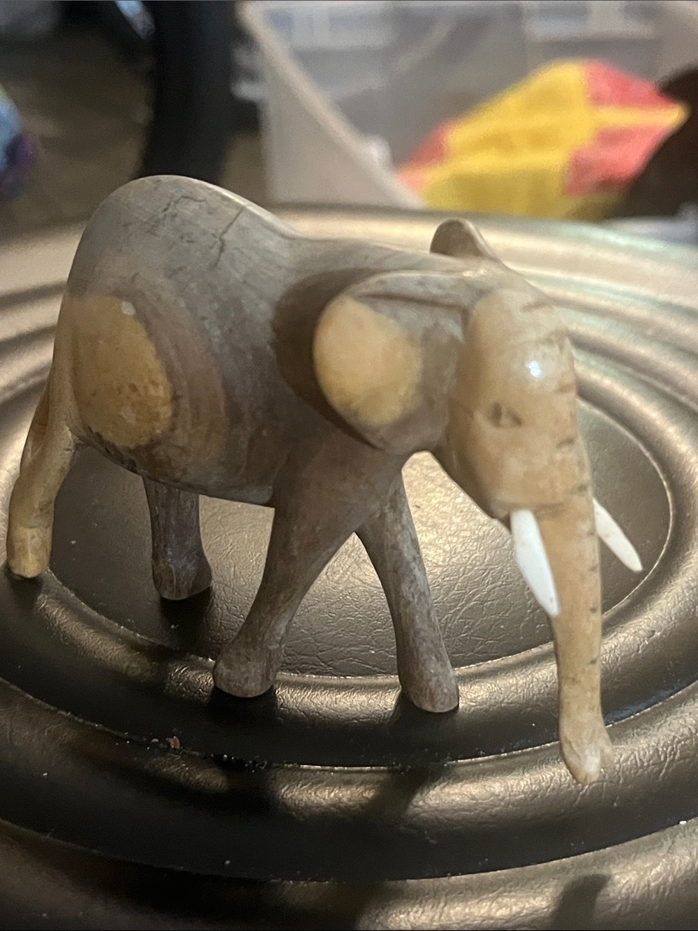 Hand-Carved Wooden Elephant Figurine in Two-Tone Brown With Tusks 416